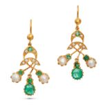 A PAIR OF EMERALD AND PEARL DROP EARRINGS in yellow gold, each suspending a foliate drop set with...