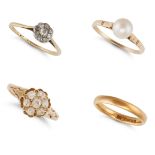 FOUR GEMSET RINGS in yellow gold, comprising a ring set with a cluster of old cut diamonds, parti...