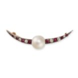 AN ANTIQUE PEARL, RUBY AND DIAMOND CRESCENT MOON BROOCH in 18ct yellow gold and platinum, set wit...