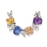 A MULTICOLOURED SAPPHIRE AND DIAMOND BROOCH in 18ct white gold, set with a cushion cut yellow sap...