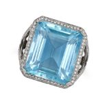 A FINE AQUAMARINE AND DIAMOND RING in 18ct white gold, set with an octagonal step cut aquamarine ...