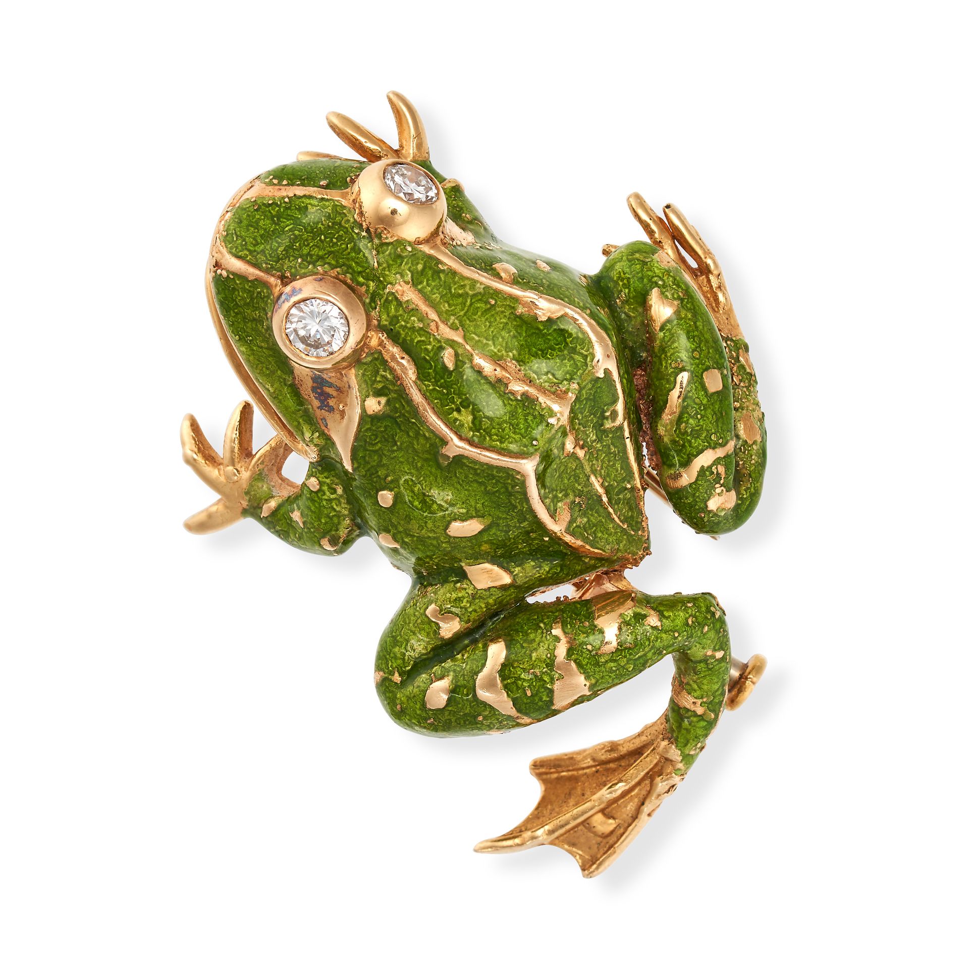 VAN CLEEF & ARPELS, A DIAMOND AND ENAMEL FROG BROOCH in 18ct yellow gold, designed as a frog reli...