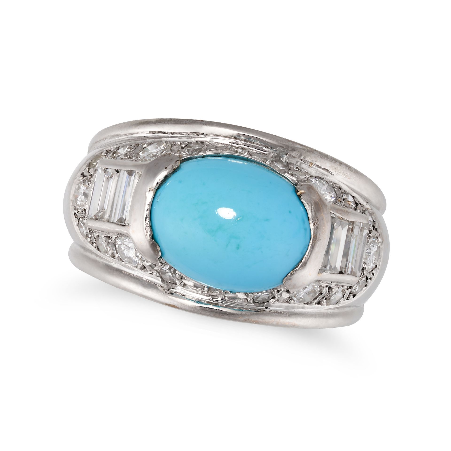 NO RESERVE - A TURQUOISE AND DIAMOND RING in 18ct white gold, set with an oval cabochon turquoise...