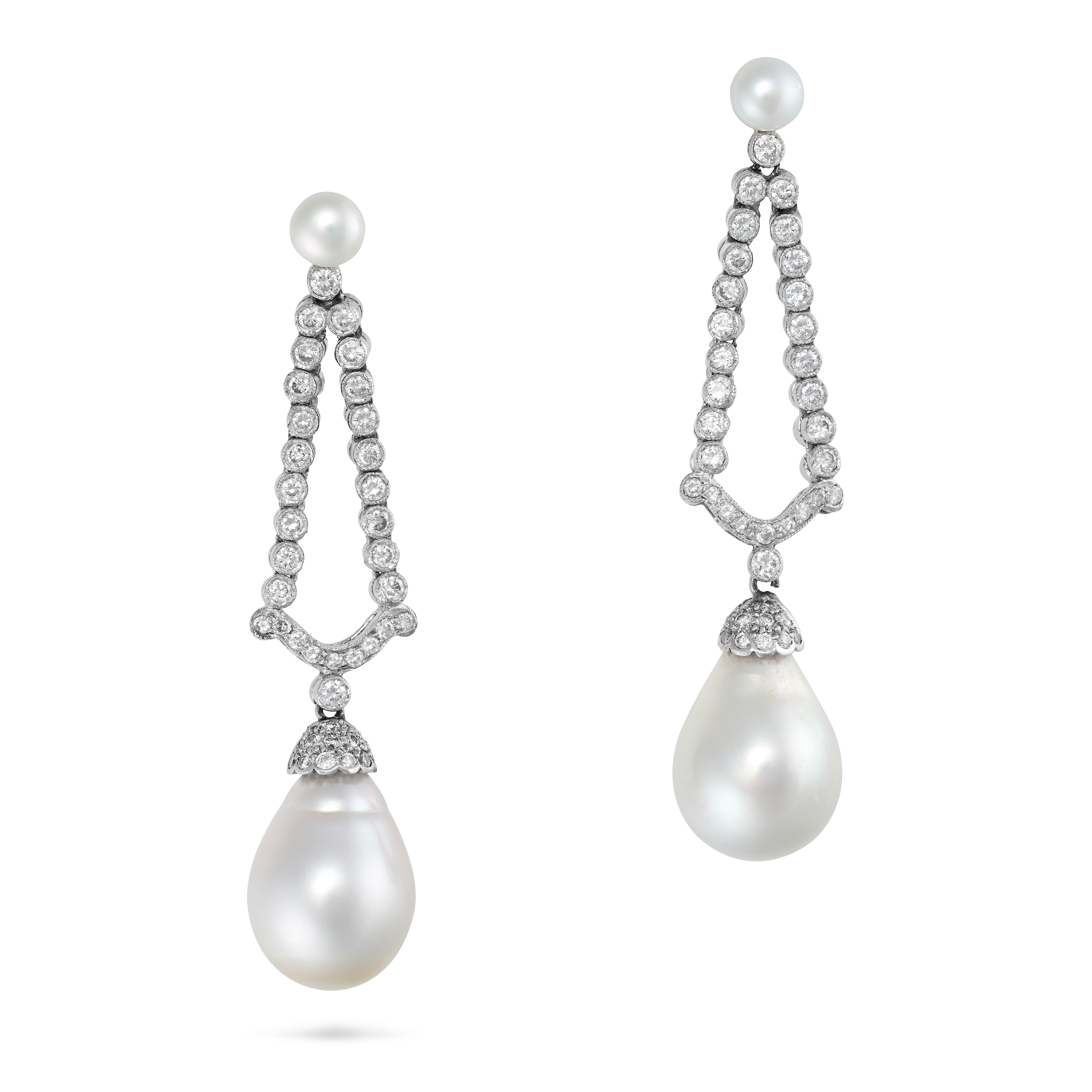 A PAIR OF PEARL AND DIAMOND DROP EARRINGS in 18ct white gold, each set with a pearl stud, suspend...