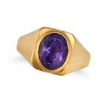 BULGARI, AN AMETHYST RING in 22ct yellow gold, the geometric band set with an oval cut amethyst, ...