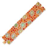 A FINE OPAL, FIRE OPAL AND DIAMOND BRACELET in 18ct yellow and white gold, the bracelet set throu...