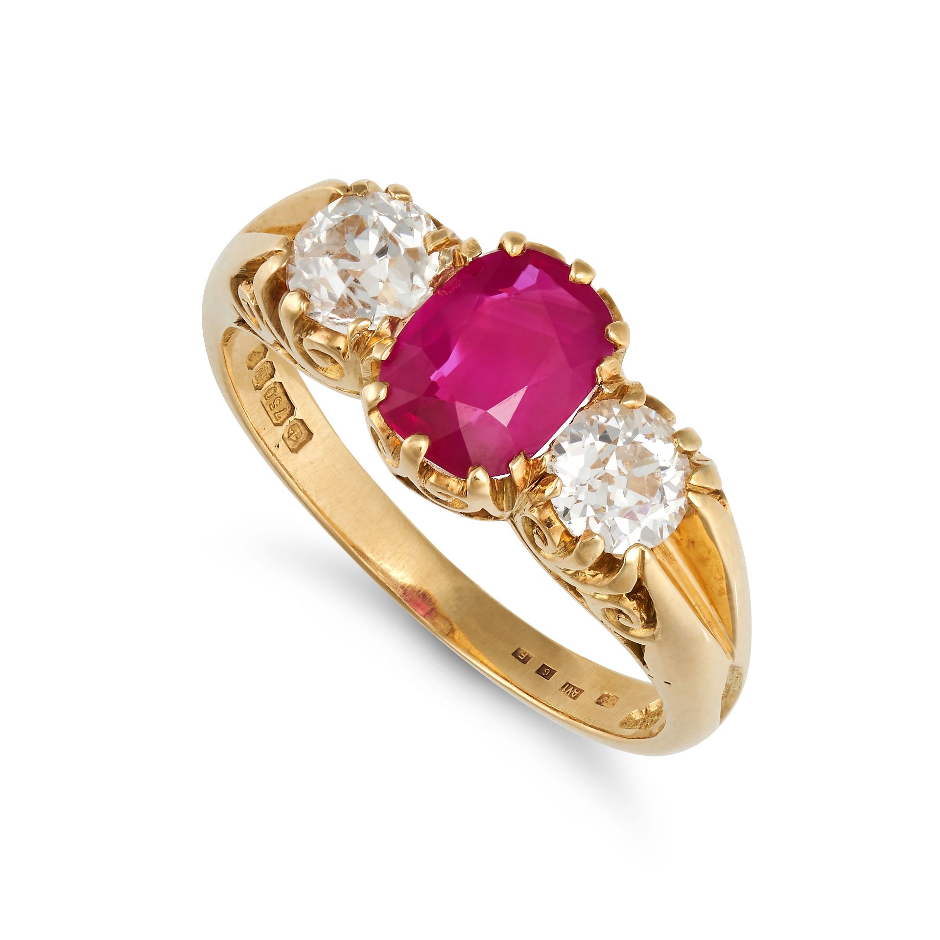 GARRARD & CO., A VINTAGE BURMA NO HEAT RUBY AND DIAMOND THREE STONE RING in 18ct yellow gold, set...