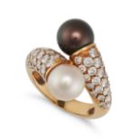 VAN CLEEF & ARPELS, A PEARL AND DIAMOND CROSSOVER RING in 18ct yellow gold, set with a black and ...