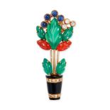 CARTIER, A VINTAGE MULTIGEM TUTTI FRUTTI PLANT POT BROOCH, CIRCA 1990 in 18ct yellow gold, the po...