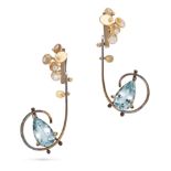 A PAIR OF AQUAMARINE AND DIAMOND DROP EARRINGS in 18ct yellow gold and silver, each comprising a ...