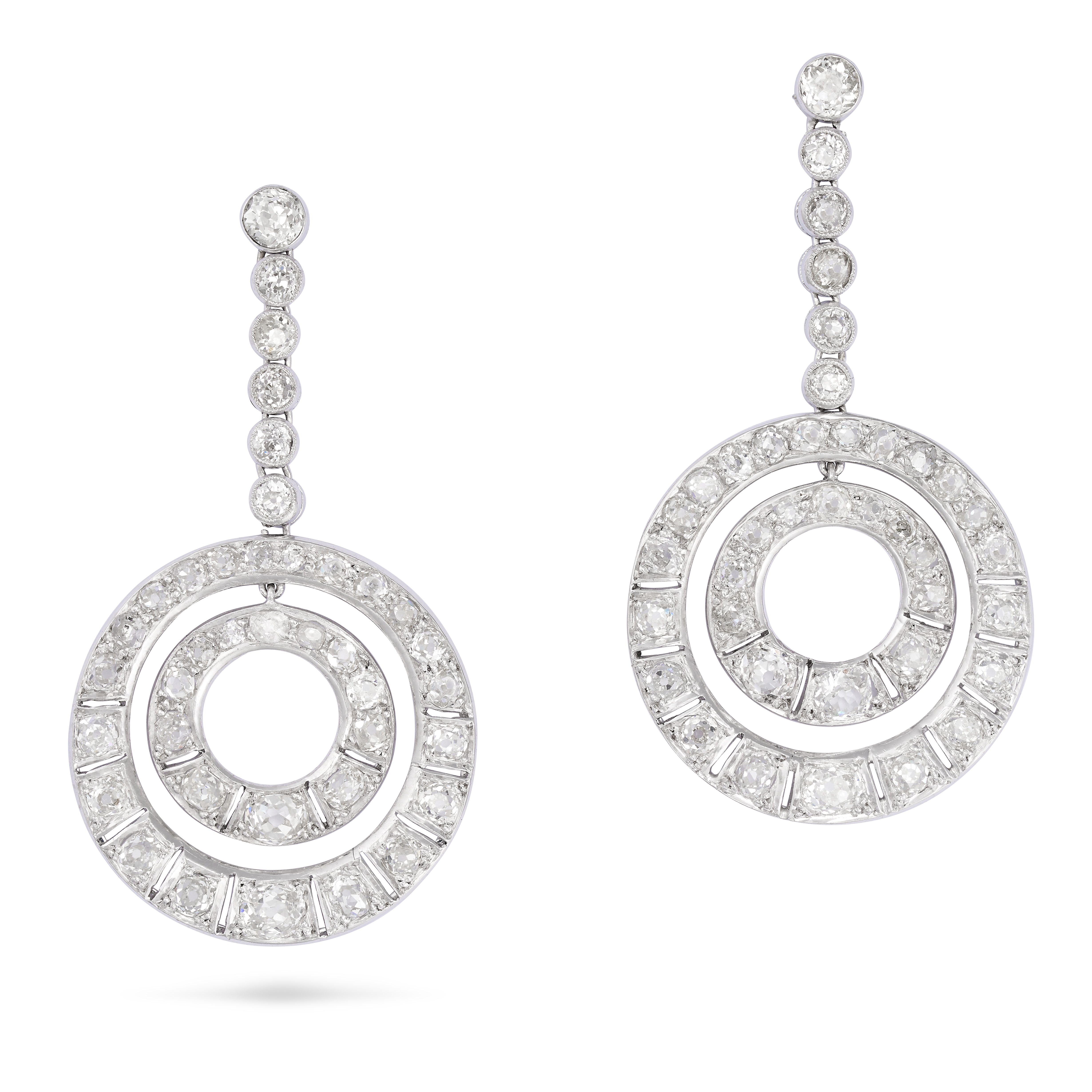 A PAIR OF DIAMOND DROP EARRINGS in 18ct white gold, each set with a row of graduating old cut dia...