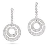 A PAIR OF DIAMOND DROP EARRINGS in 18ct white gold, each set with a row of graduating old cut dia...