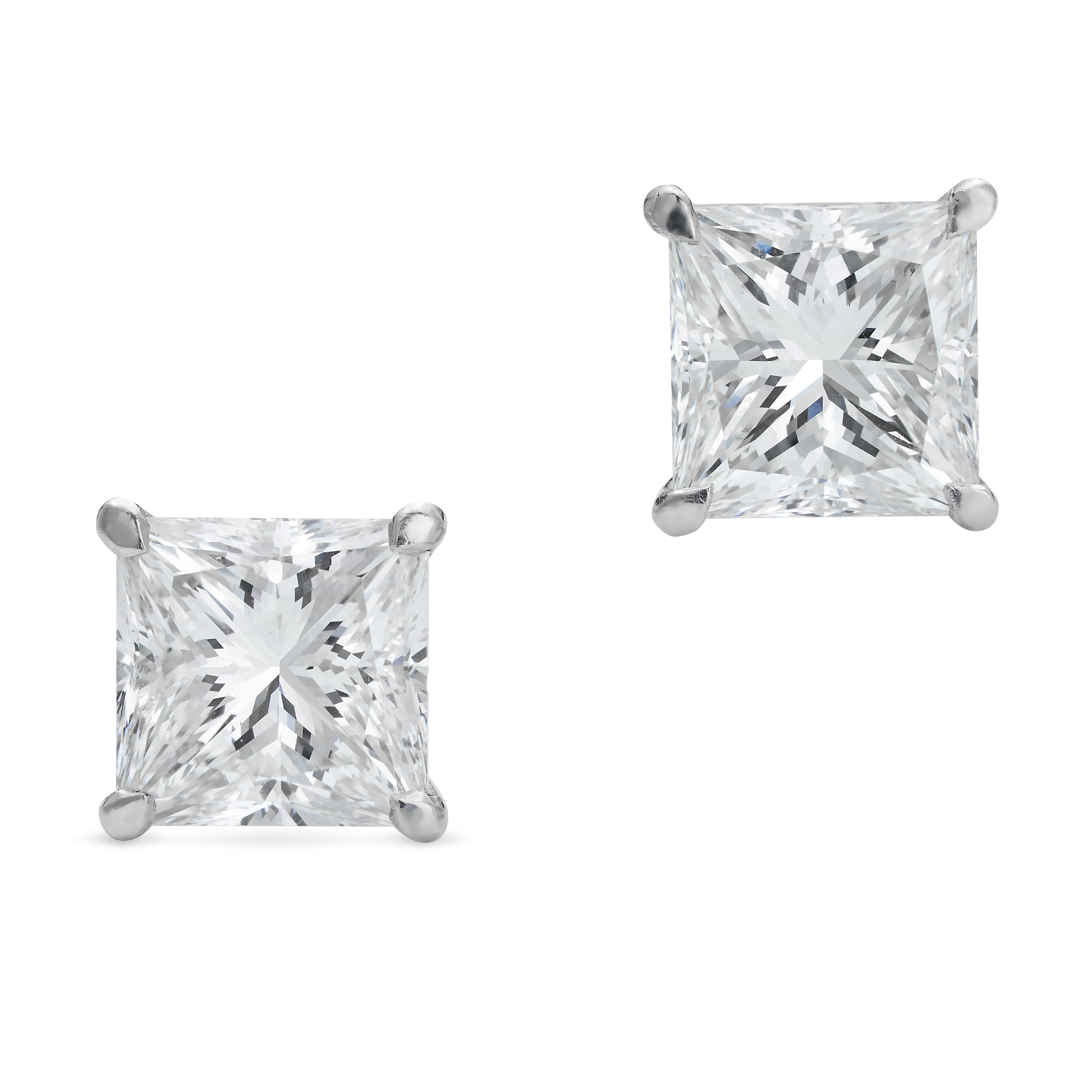 A PAIR OF F COLOUR DIAMOND STUD EARRINGS in 18ct white gold, each set with a princess cut diamond...