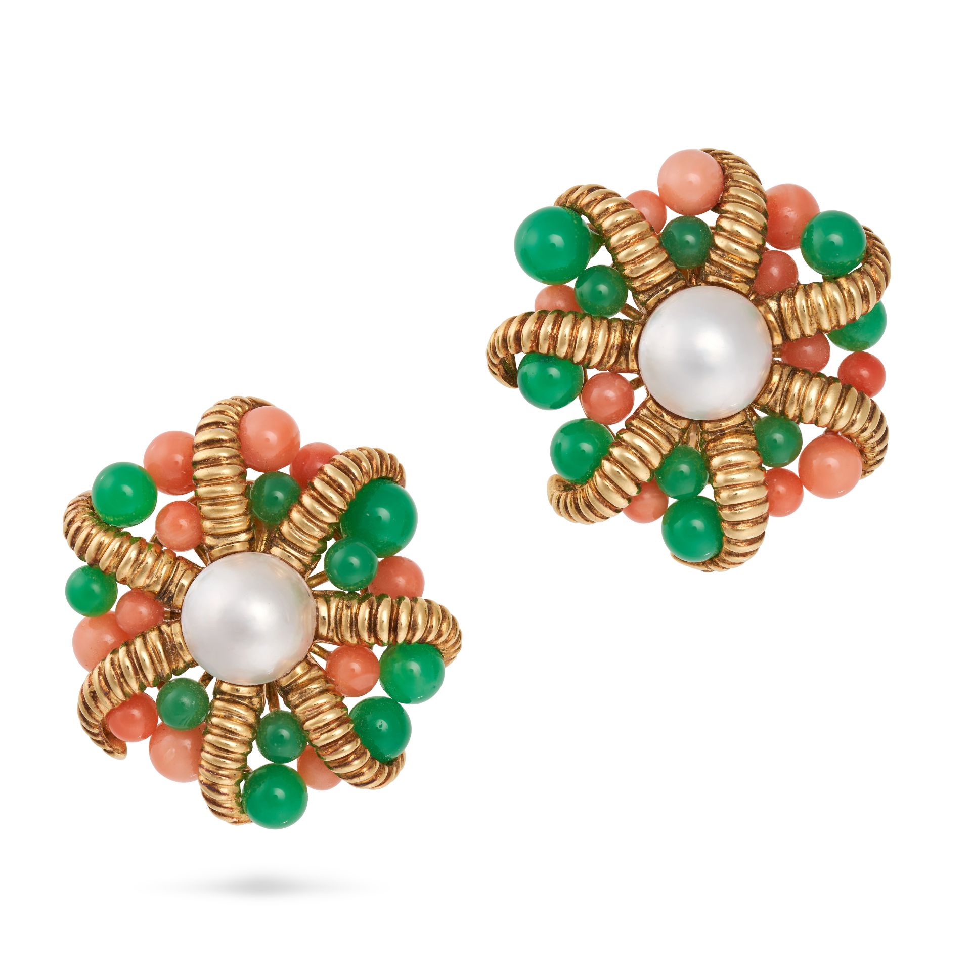 TIFFANY & CO., A PAIR OF PEARL, CORAL AND CHRYSOPRASE STARFISH CLIP EARRINGS in 18ct yellow gold,...