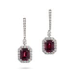 A PAIR OF BURMA NO HEAT SPINEL AND DIAMOND DROP EARRINGS in platinum, each comprising a row of ro...