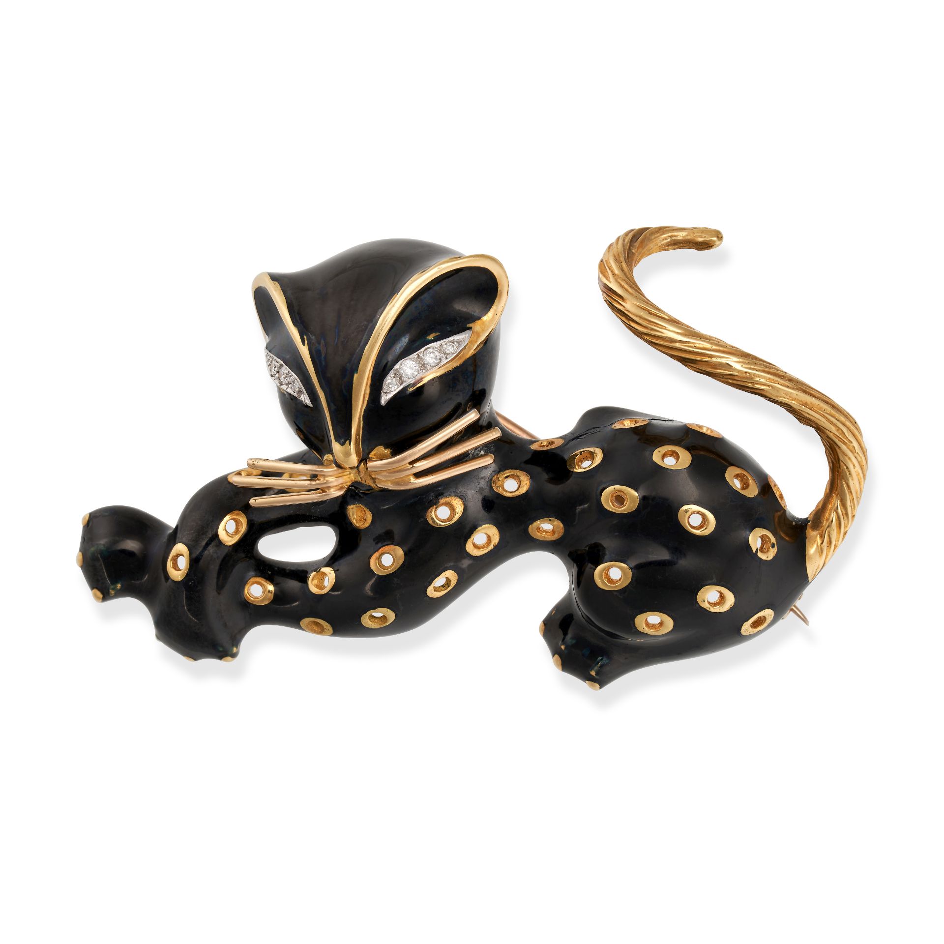 KUTCHINSKY, A VINTAGE ENAMEL AND DIAMOND LEOPARD BROOCH, 1968 in 18ct yellow gold, designed as a ...