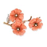BOUCHERON, A VINTAGE CORAL AND DIAMOND FLOWER BROOCH in 18ct white and yellow gold, comprising th...
