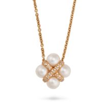 MIKIMOTO, A PEARL AND DIAMOND PENDANT NECKLACE in 18ct yellow gold, comprising four pearls accent...