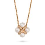MIKIMOTO, A PEARL AND DIAMOND PENDANT NECKLACE in 18ct yellow gold, comprising four pearls accent...