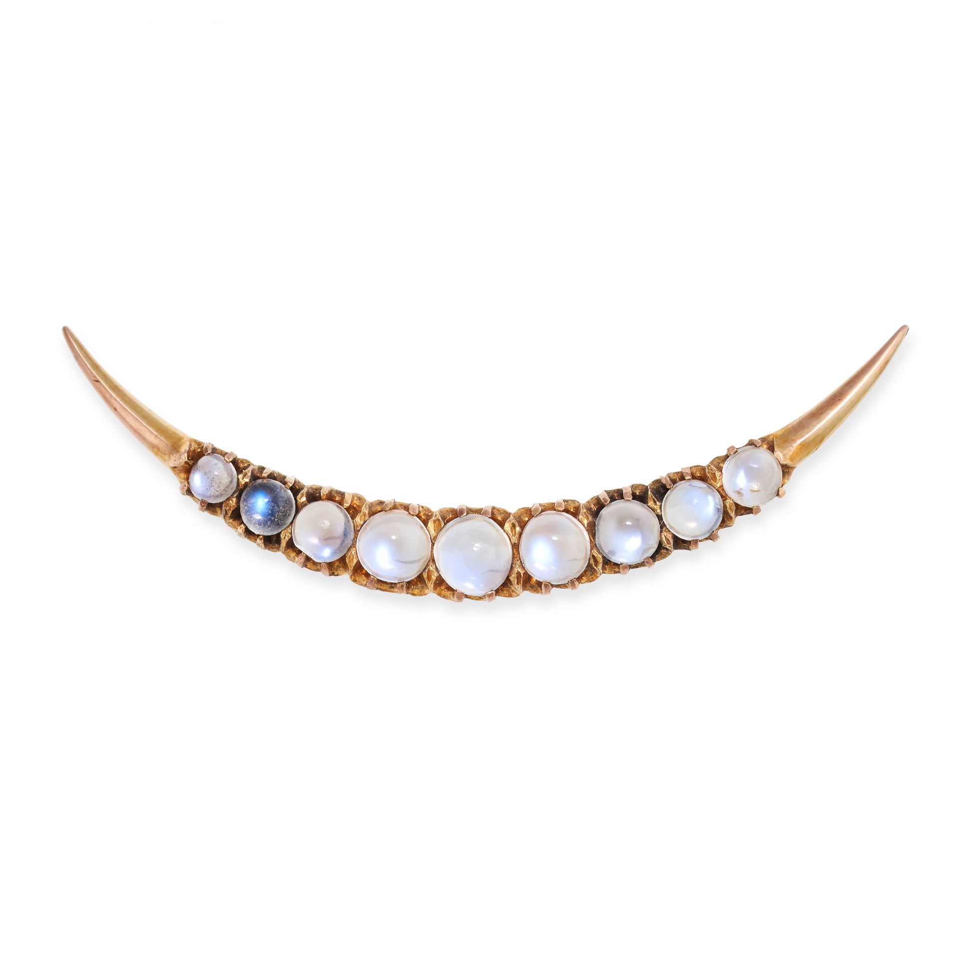 NO RESERVE - AN ANTIQUE MOONSTONE CRESCENT MOON BROOCH in yellow gold, designed as a crescent moo...