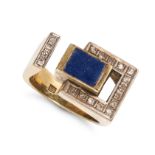 A DIAMOND, LAPIS LAZULI, ONYX AND MALACHITE FLIP RING in 14ct yellow gold, the modernist ring com...