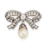 NO RESERVE - AN ANTIQUE DIAMOND AND PEARL BOW BROOCH in yellow gold and silver, designed as a bow...