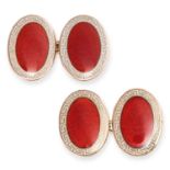 NO RESERVE - ASPREY, A PAIR OF ANTIQUE ENAMEL CUFFLINKS in 9ct yellow gold, the oval faces reliev...