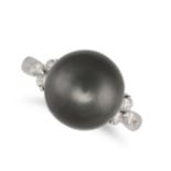 A BLACK PEARL AND DIAMOND RING in 18ct white gold, set with a black pearl of 12.5mm between trios...