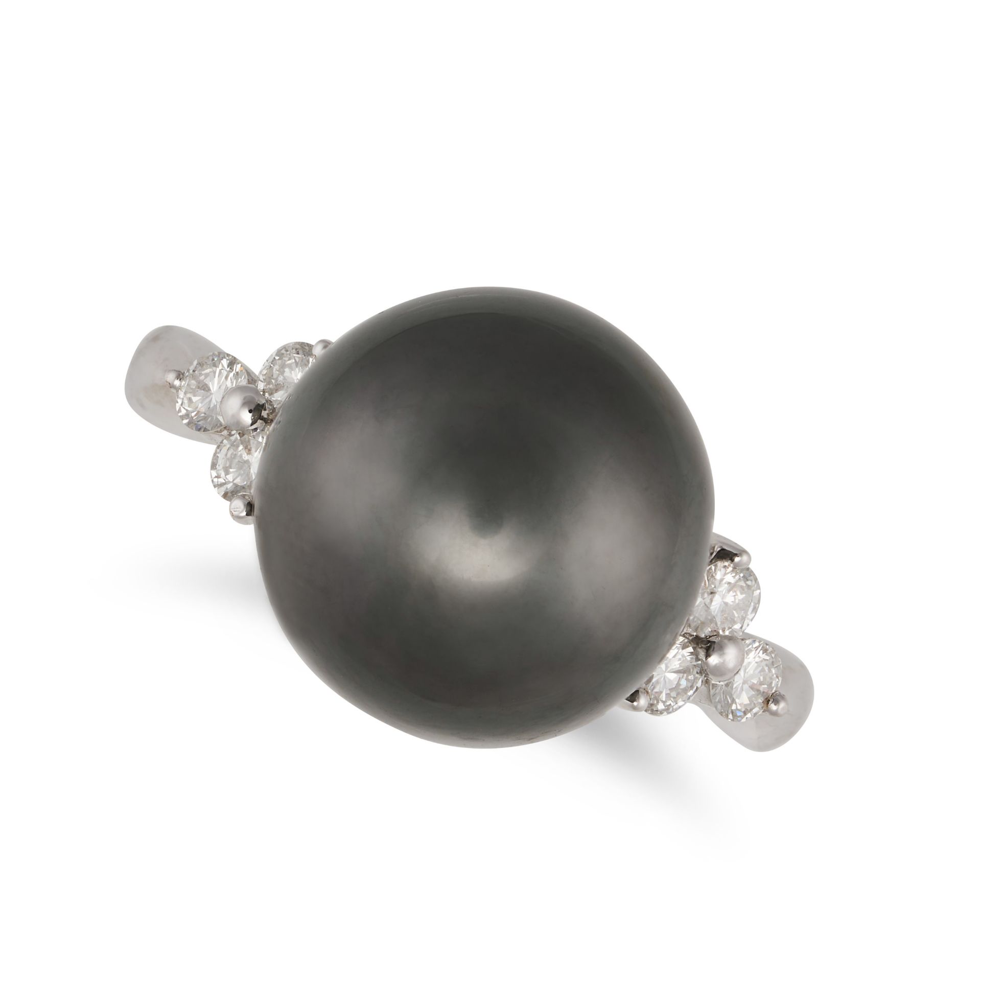 A BLACK PEARL AND DIAMOND RING in 18ct white gold, set with a black pearl of 12.5mm between trios...