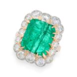 NO RESERVE - A COLOMBIAN EMERALD AND DIAMOND CLUSTER RING in yellow gold, set with a fancy cut em...