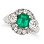 NO RESERVE - A COLOMBIAN EMERALD AND DIAMOND RING in white gold, set with an octagonal step cut e...