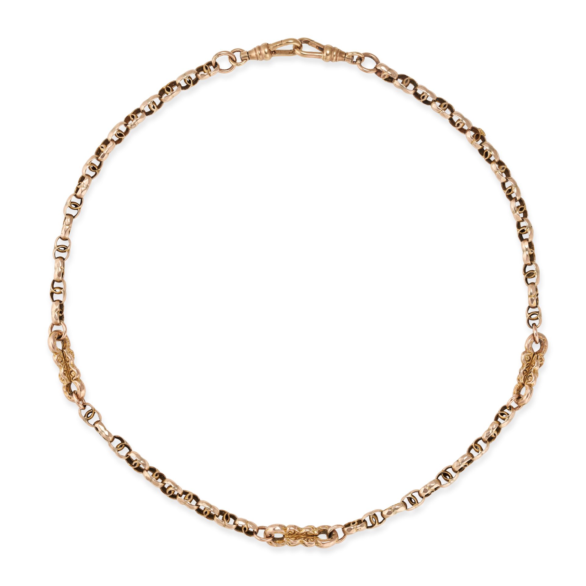 NO RESERVE - A VINTAGE ALBERT CHAIN in 9ct yellow gold, comprising a row of fancy links terminati...
