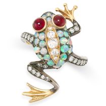 NO RESERVE - A GEMSET FROG RING in 18ct yellow gold and silver, designed as a frog, set with cabo...