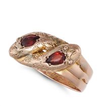 NO RESERVE - AN ANTIQUE GARNET SNAKE RING in 9ct yellow gold, designed as two coiled snakes, the ...