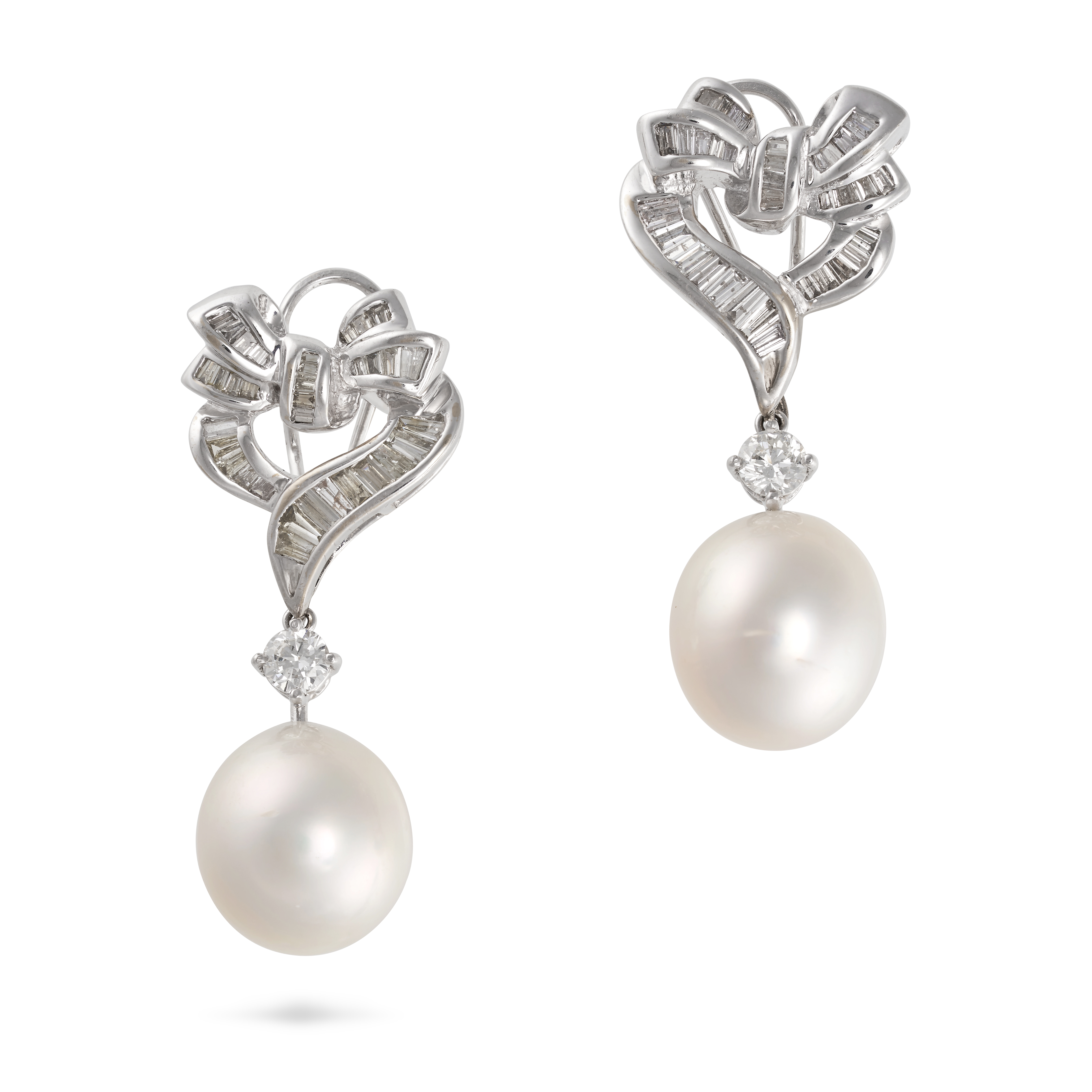 NO RESERVE - A PAIR OF PEARL AND DIAMOND DROP EARRINGS in 18ct white gold, each comprising a bow ...