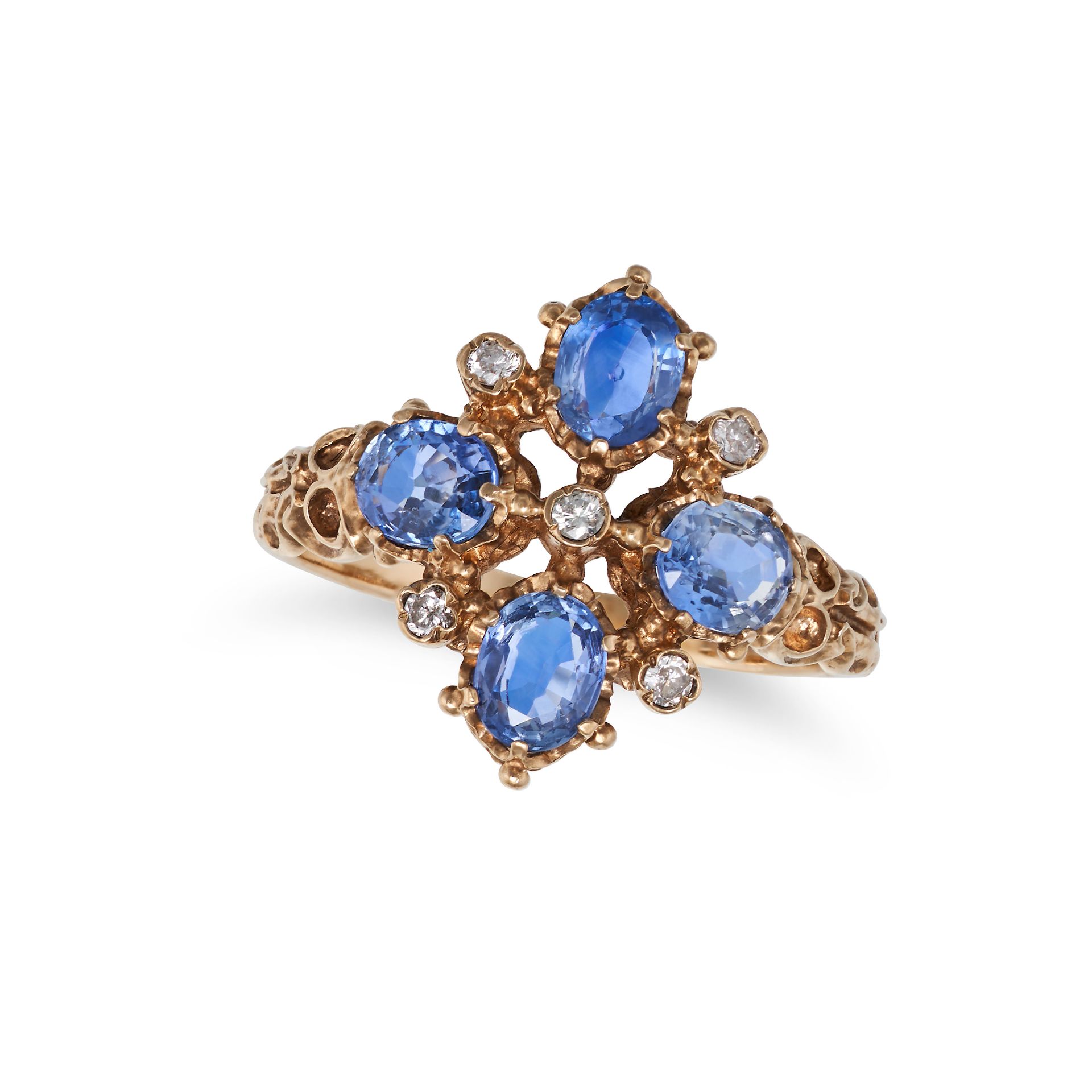 NO RESERVE - A VINTAGE SAPPHIRE AND DIAMOND RING in 9ct yellow gold, set with four oval cut sapph...