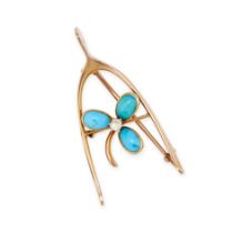 AN ANTIQUE TURQUOISE AND DIAMOND WISHBONE AND CLOVER BROOCH in 15ct yellow gold, designed as a wi...