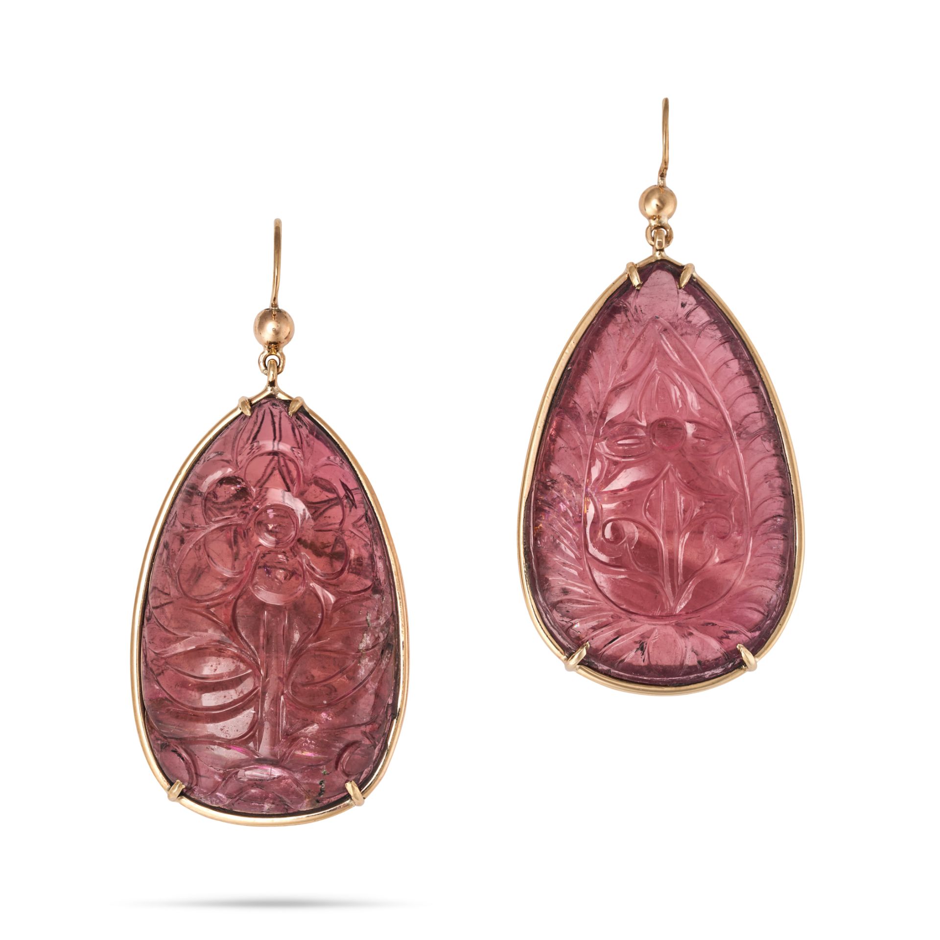 NO RESERVE - A PAIR OF PINK TOURMALINE DROP EARRINGS in yellow gold, each comprising a hook fitti...