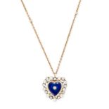NO RESERVE - AN ANTIQUE DIAMOND, PEARL AND ENAMEL HEART PENDANT NECKLACE in yellow gold and silve...