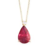 NO RESERVE - A RUBY AND DIAMOND PENDANT NECKLACE in 18ct yellow gold, set with a round cut diamon...