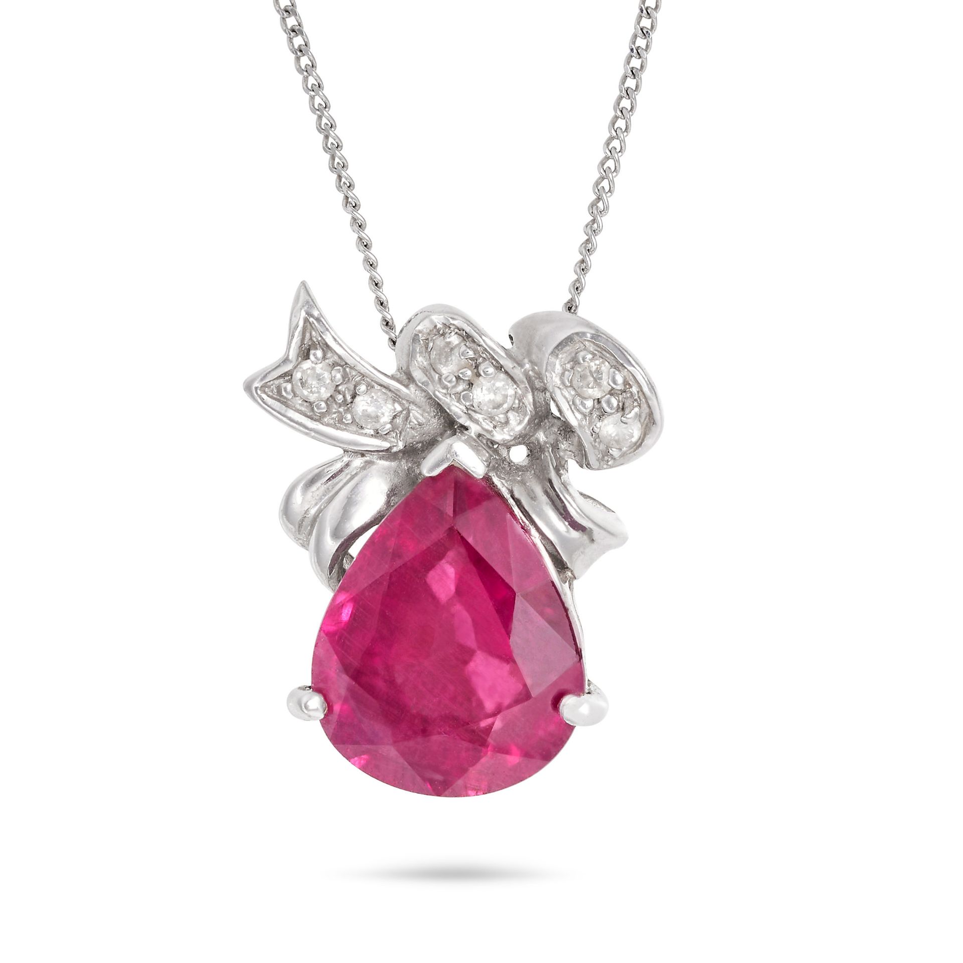 NO RESERVE - A GLASS FILLED RUBY AND DIAMOND PENDANT NECKLACE in 18ct white gold, the pendant des...