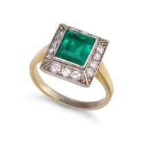 NO RESERVE - A SYNTHETIC EMERALD AND DIAMOND RING in 18ct yellow gold, set with a rectangular ste...