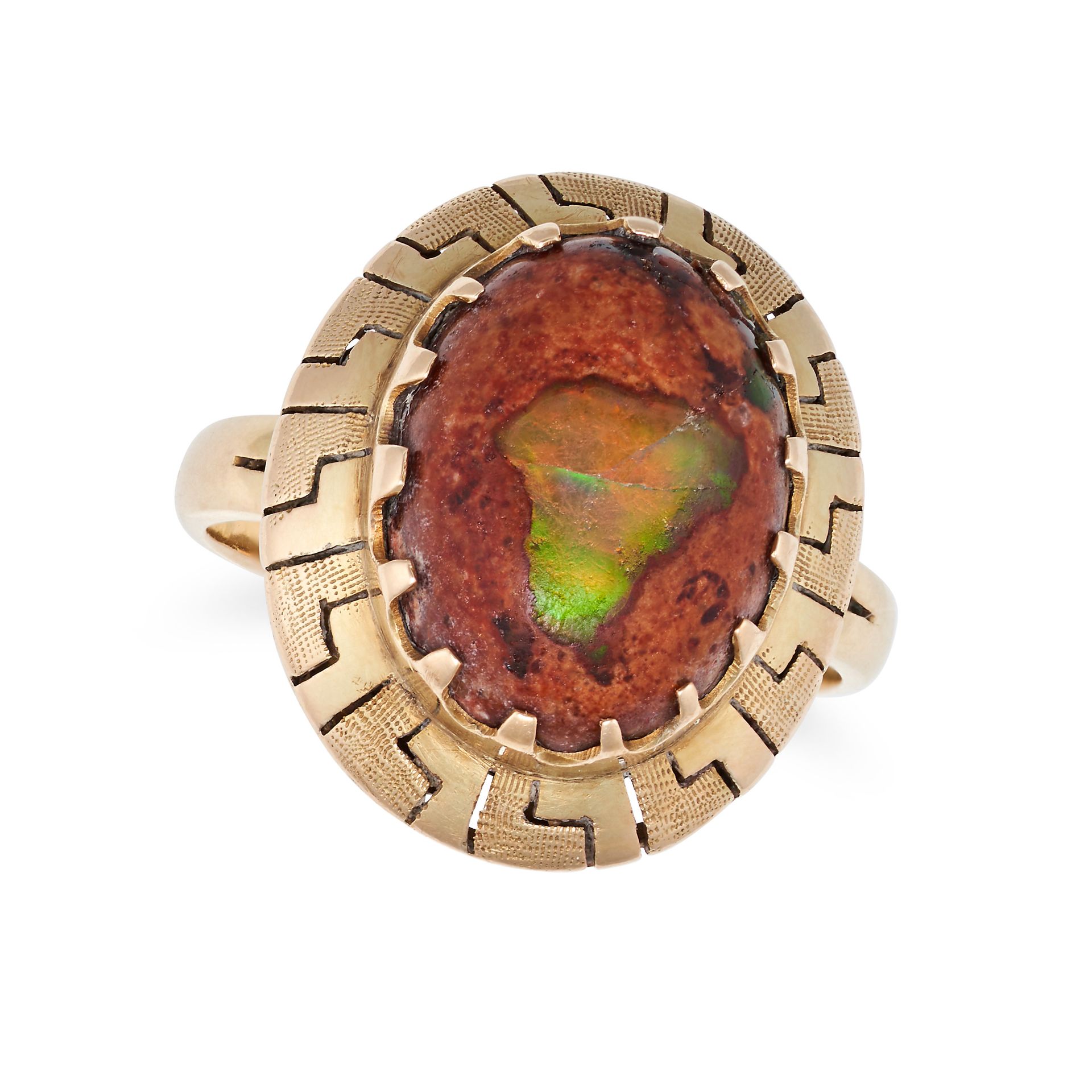 NO RESERVE - A BOULDER OPAL DRESS RING in 14ct yellow gold, set with a cabochon boulder opal in a...