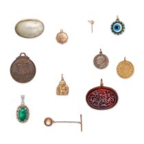 A COLLECTION OF PENDANTS AND BROOCHES comprising a 9ct gold mabe pearl brooch, a 9ct gold pearl s...