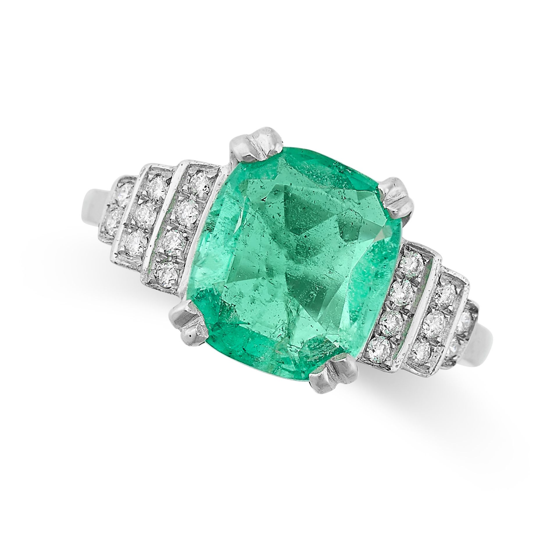 NO RESERVE - AN EMERALD AND DIAMOND RING in 18ct white gold, set with a cushion cut emerald of 2....