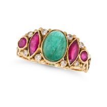 AN EMERALD, RUBY AND DIAMOND RING in yellow gold, set with a cabochon emerald and marquise and ro...
