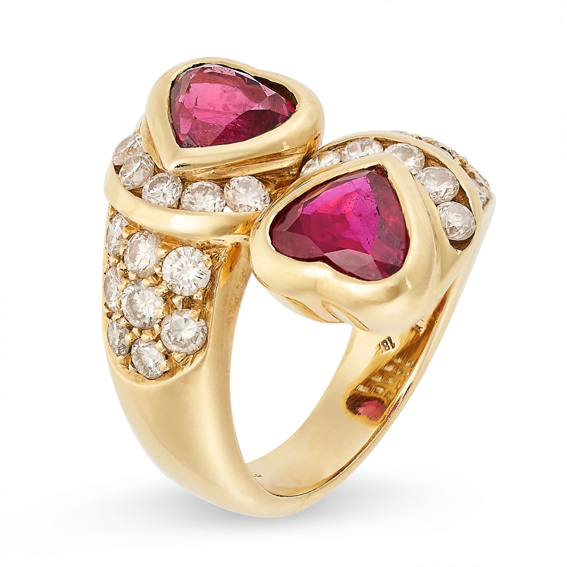 NO RESERVE - A RUBY AND DIAMOND TOI ET MOI RING in 18ct yellow gold, the twisted shank set with t... - Image 2 of 2