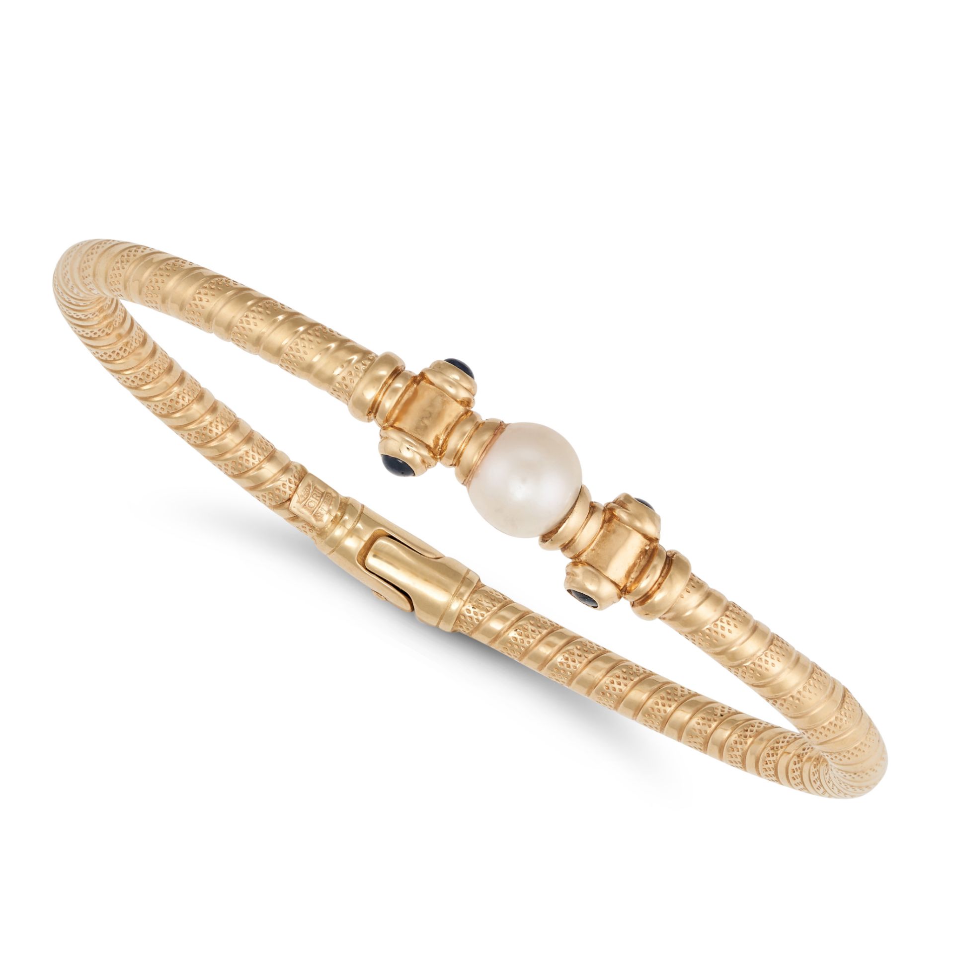 A PEARL AND SAPPHIRE BANGLE in 18ct yellow gold, the hinged bangle in twisted design, set with a ...