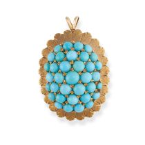 NO RESERVE - A TURQUOISE PENDANT in 18ct yellow gold, the oval pendant with a domed face pave set...