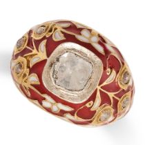 NO RESERVE - A DIAMOND AND RED ENAMEL RING set with a flat cut diamond in a border of red and whi...
